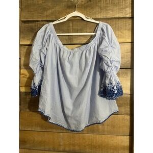 Love J Womens 1X Blue White Striped Off Shoulder Blouse Eyelet‎ Bell Sleeve Top